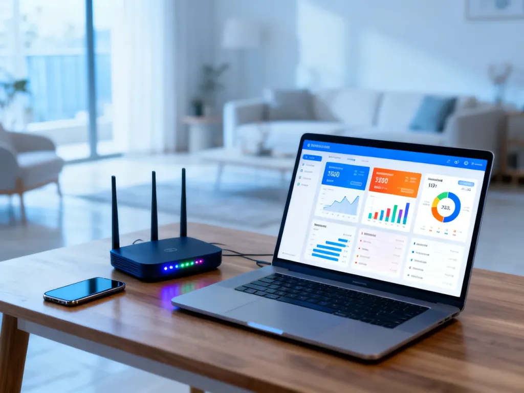 Nowoczesne biuro domowe z laptopem pokazującym porównanie ofert internetu, obok smartfon i router, no text on the picture